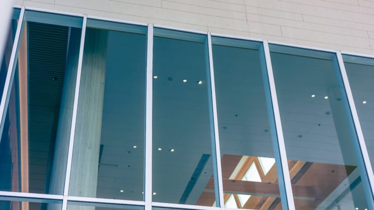 large fire resistant windows on office building